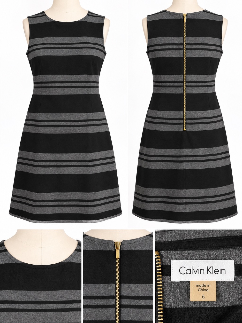 Calvin Klein Black and Gray Striped Sleeveless A-Line Dress with Gold Back Zip